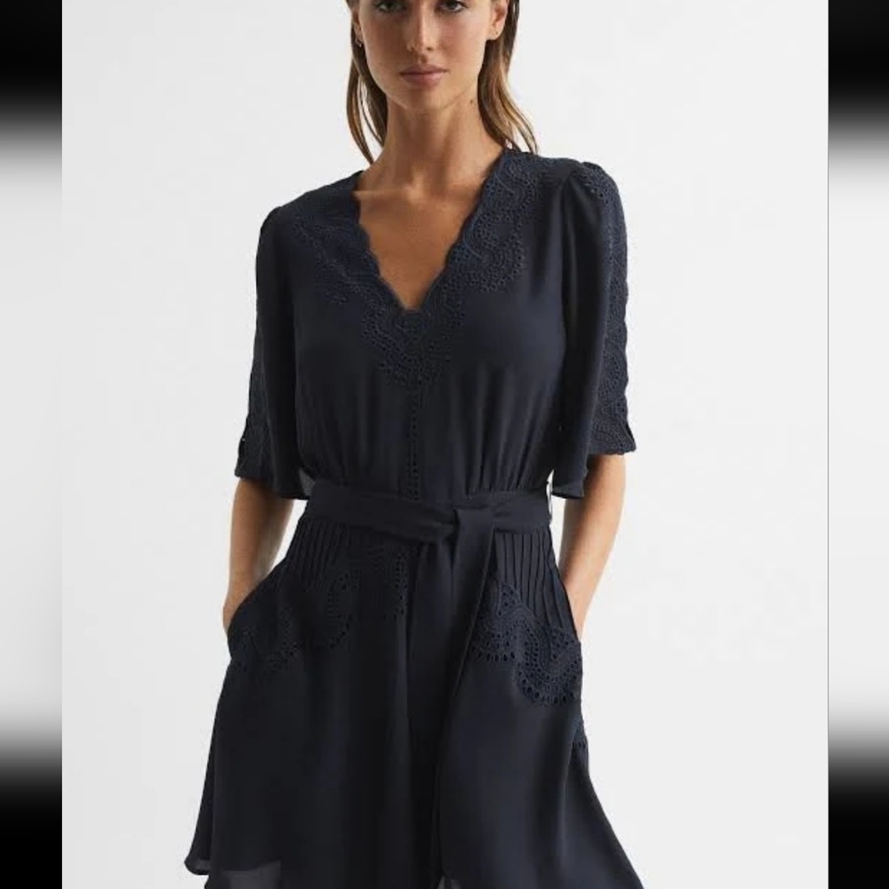 Reiss Navy Blue Eyelet Mini Dress